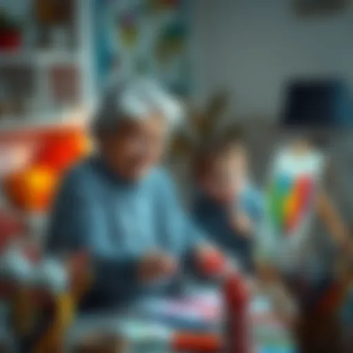 A mother-in-law creating colorful artwork for her grandchildren, surrounded by art supplies in a cozy setting.