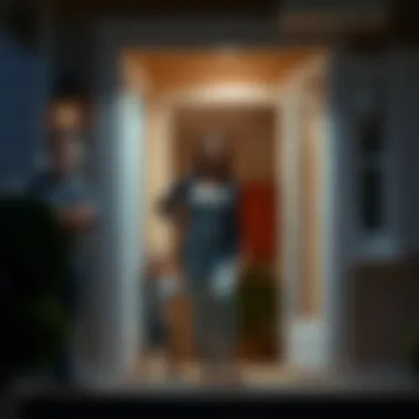 A woman stands at the doorway of a house, looking surprised and assertive, with a small child beside her, while a man looks on with a puzzled expression.