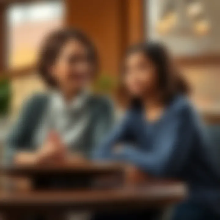 A mother and daughter share a moment, each showing different expressions. The mother has a warm smile, while the daughter looks contemplative. They are seated at a cozy table with soft lighting.