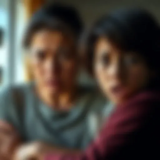 A mother and her 18-year-old son appear to be in a heated argument, showing signs of distress and tension in their expressions.