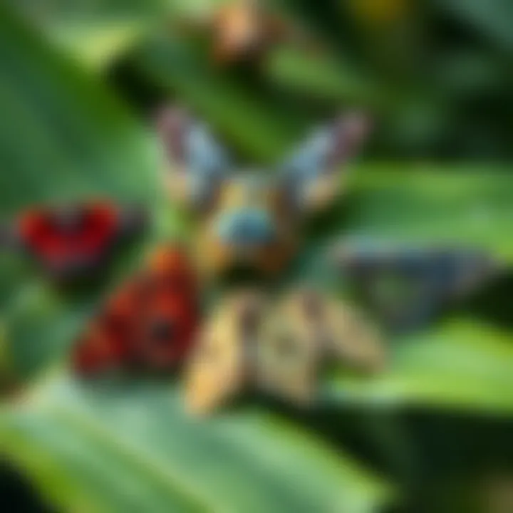 A group of colorful moths resting on a green leaf, showcasing their wing patterns and textures in natural light.