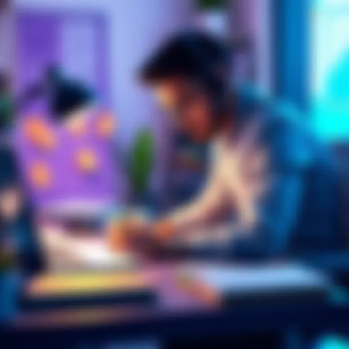 A focused individual working diligently at a desk with a planner, laptop, and sticky notes, aiming to complete their missions and tasks efficiently.