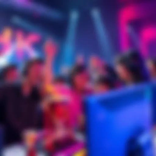 A group of players celebrating their achievements in a gaming setting, with trophies and colorful rewards displayed, showcasing excitement and camaraderie.