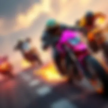 A colorful vehicle combat scene featuring unique motorbikes in action, showcasing intense gameplay and combat codes.