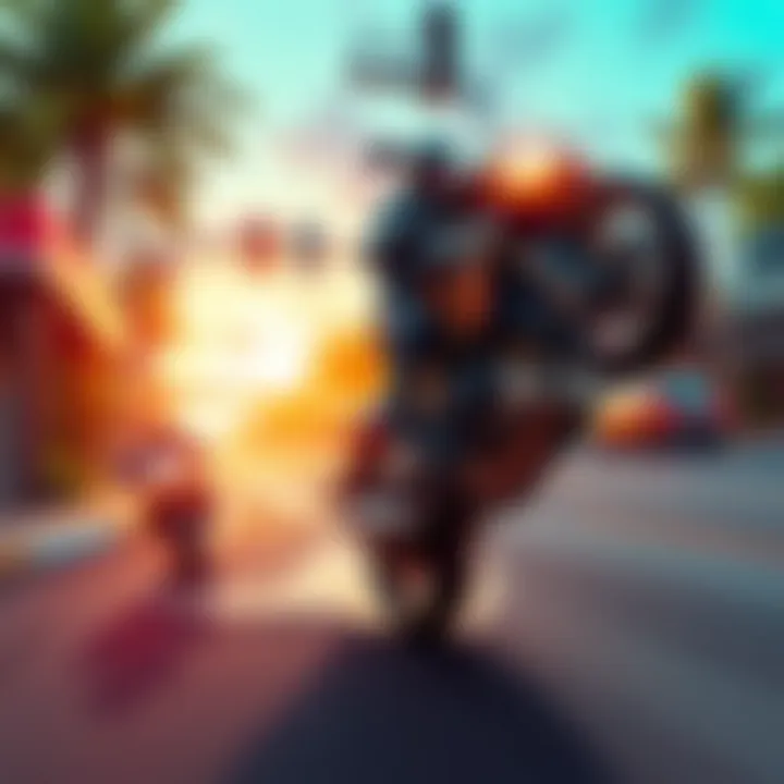 A gamer performing a wheelie on a motorcycle in a vibrant video game world, showcasing excitement and skill.