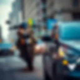 A motorcycle and a car side by side in urban traffic, showcasing the contrast between two modes of city travel.