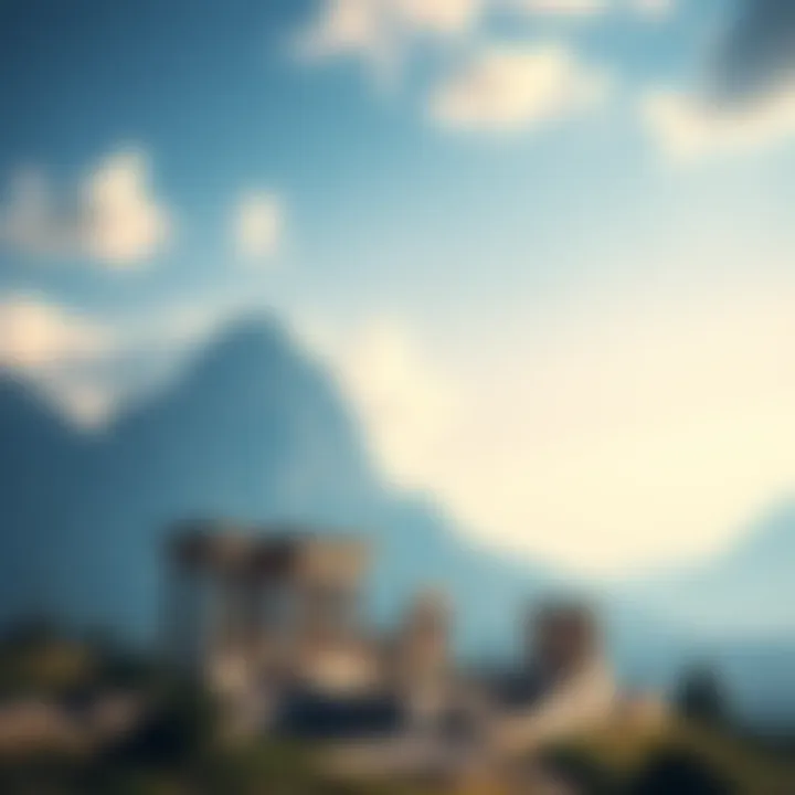 A scenic view of Mount Olympus with ancient ruins in the foreground, representing Greek mythology.