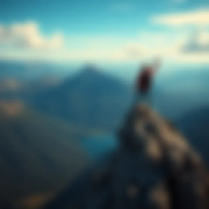 A person stands triumphantly on a mountain peak, looking at the vast landscape below, symbolizing achievement and perspective.