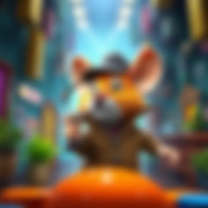A cartoon mouse wearing a detective hat and holding a magnifying glass, looking around a colorful game environment.