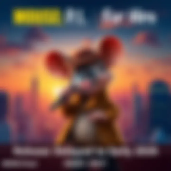 A cartoon mouse wearing a detective hat and holding a magnifying glass, standing in front of a cityscape at sunset.