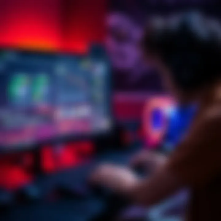 A new gamer adjusts mouse sensitivity settings on a computer screen while playing a game with a mouse and keyboard setup