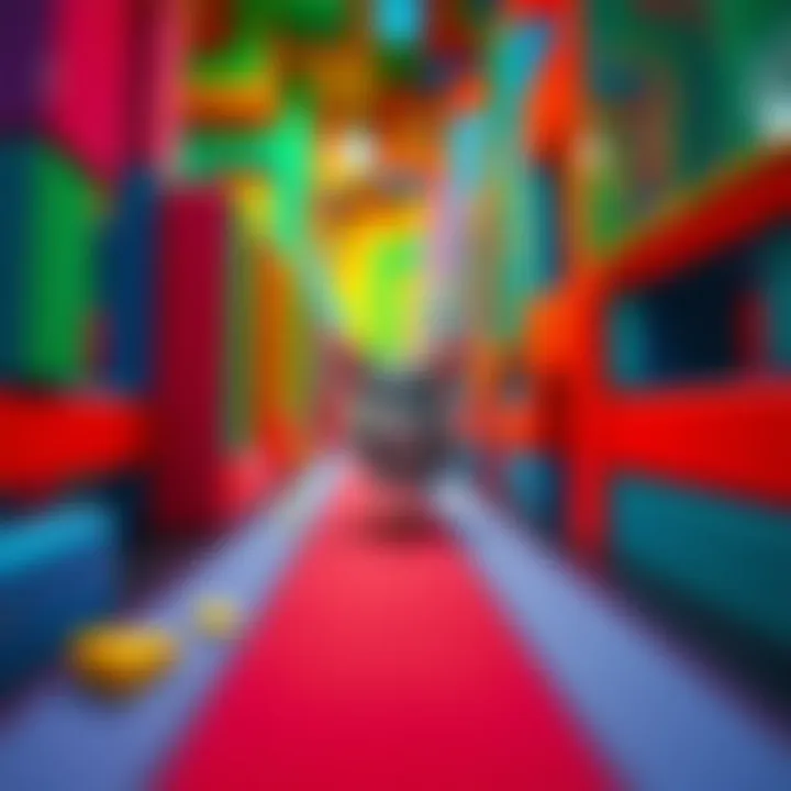 A small cartoon mouse running through a colorful maze, looking for cheese