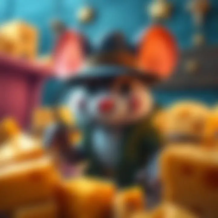 A cartoon mouse detective wearing a hat and holding a magnifying glass, surrounded by cheese.