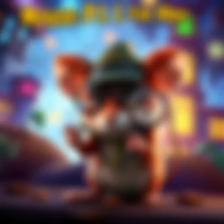 A small mouse wearing a detective hat and holding a magnifying glass, set against a colorful game background