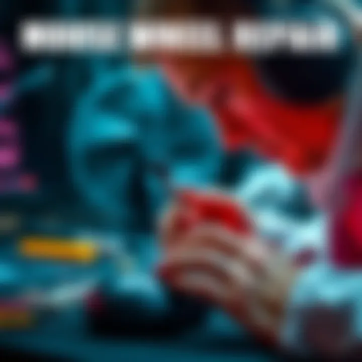 Mouse Wheel Repair A technician examining a computer mouse with a focus on the wheel, showing tools nearby for repairing scrolling issues.