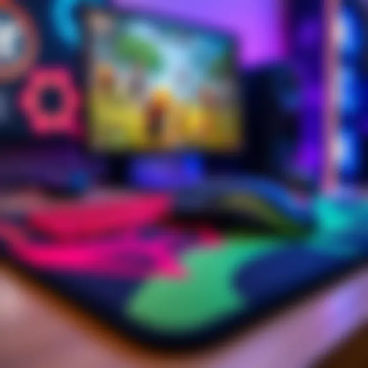A gaming mouse on a colorful mousepad with a computer screen in the background showing a game.