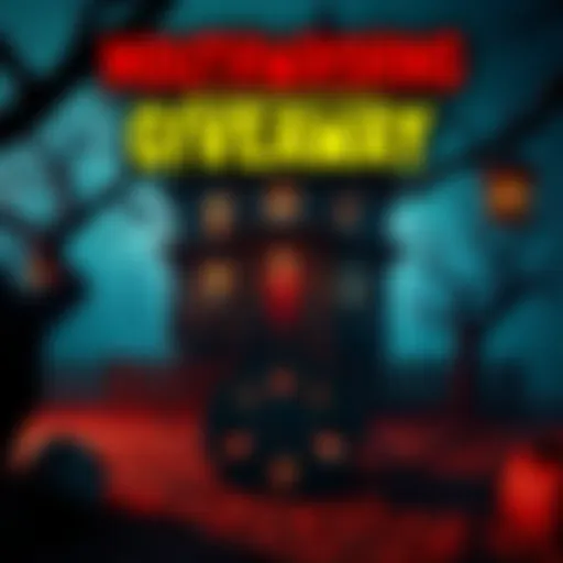 A spooky scene featuring a haunted house and film reel displaying classic horror movie clips, inviting people to share their favorite horror films for a giveaway.