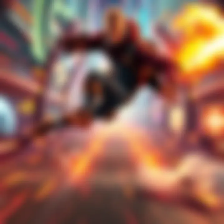 A player character performing agile moves in a futuristic shooter environment with vibrant colors and intense background action.