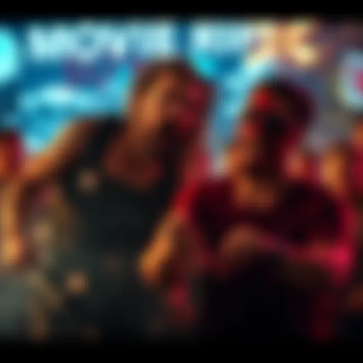 A vibrant movie scene showing characters in a mix of humor and gore, with striking visuals in the background.