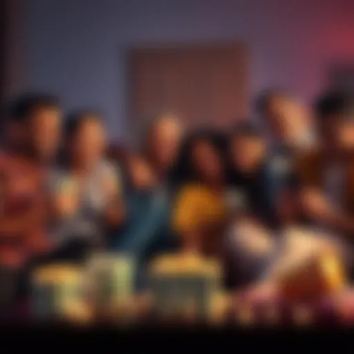 A group of friends laughing together while watching a movie at home, surrounded by popcorn and snacks