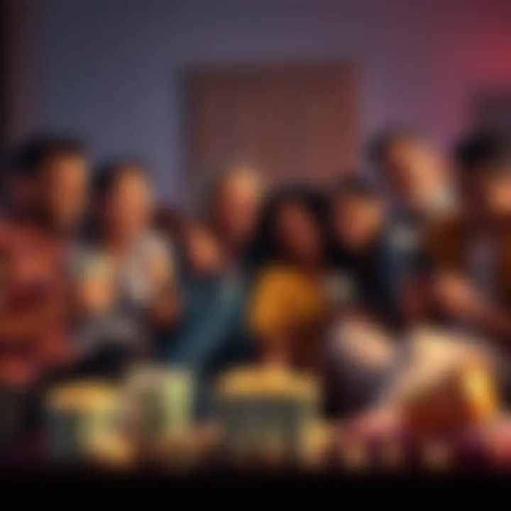 Movie scene showcasing characters enjoying a film A group of friends laughing together while watching a movie at home, surrounded by popcorn and snacks
