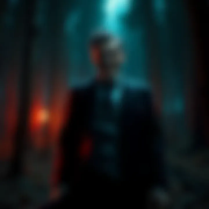 Mr. Scratch stands in a dark forest, dressed in a suit with a sinister smile, representing chaos in the Alan Wake series.