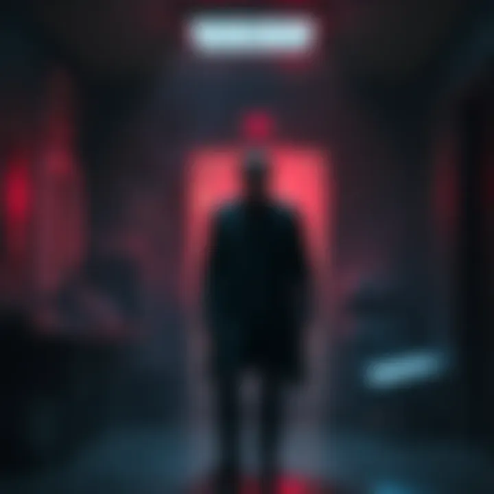 Mr. X character standing in the dimly lit Stars office in Resident Evil, creating a tense atmosphere while Leon is nearby
