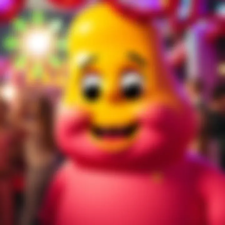 Mr Blobby Character A bright pink and yellow character with large eyes and a playful expression, causing laughter at a festive event.