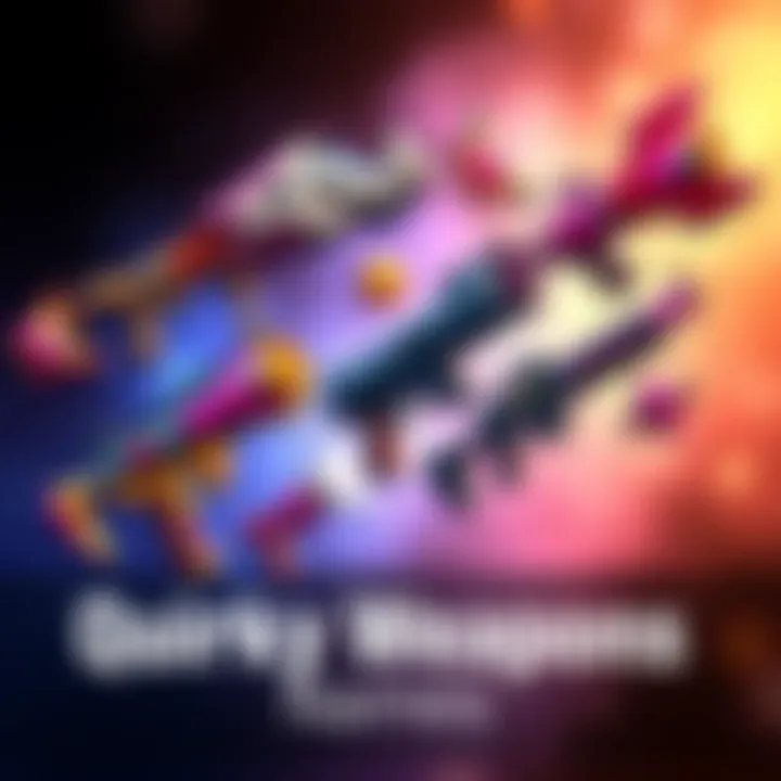 Colorful depiction of whimsical weapon designs from MR Diablos, showcasing names like 'Hornking Blazooka' alongside unique shapes and styles.
