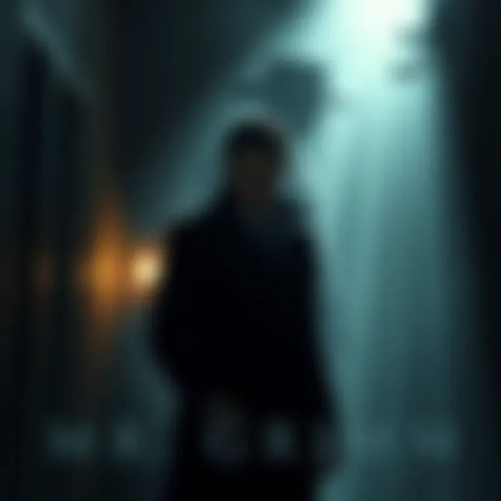 Mr. Grimm stands in a dimly lit room, a shadowy figure resembling Captain Grimm lurks behind him, hinting at family ties and secrets.