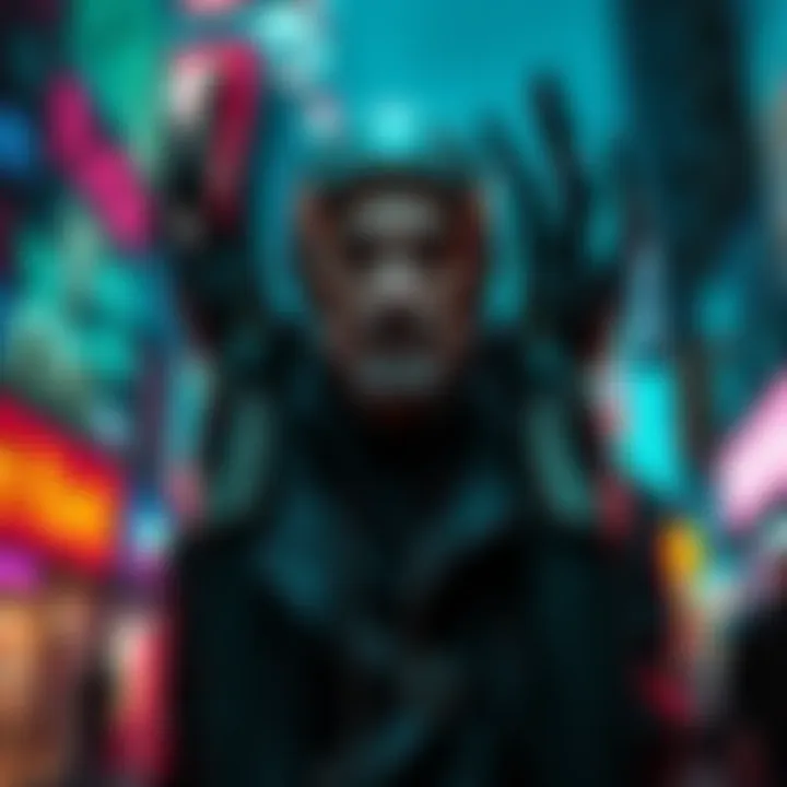 Mr. Hands transformed into a sleek, futuristic character with neon colors and cybernetic features, standing confidently in a vibrant city setting.