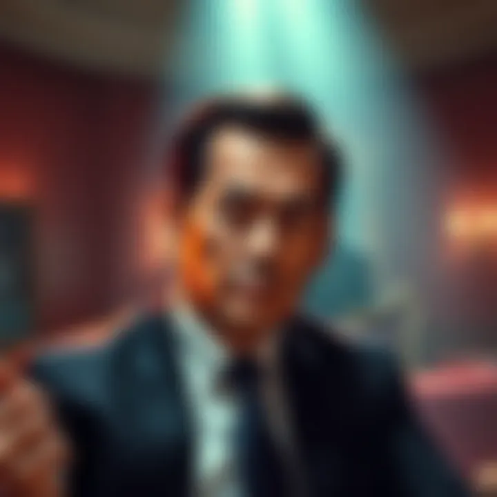 Mr. Hands in a formal setting, looking serious while discussing a deal, with a shadowy figure in the background representing V.