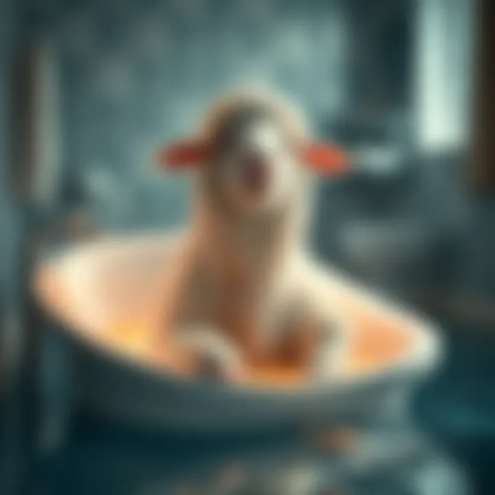 Mr. Sheep enjoys his first bath in eight years, sitting in a tub filled with warm water, looking relaxed and refreshed.
