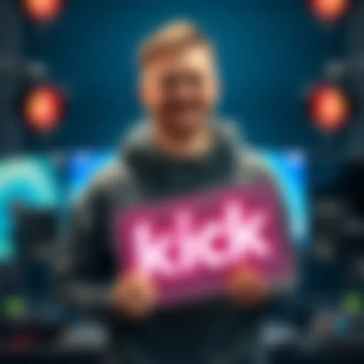 MrBeast smiling and holding a Kick logo sign while standing in front of a streaming setup