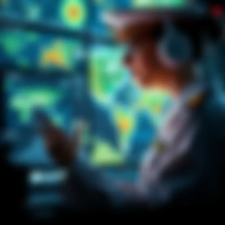 A woman in a naval uniform analyzing maritime data on a digital screen, surrounded by maps and satellite images, representing her role in national security and intelligence in 2025.