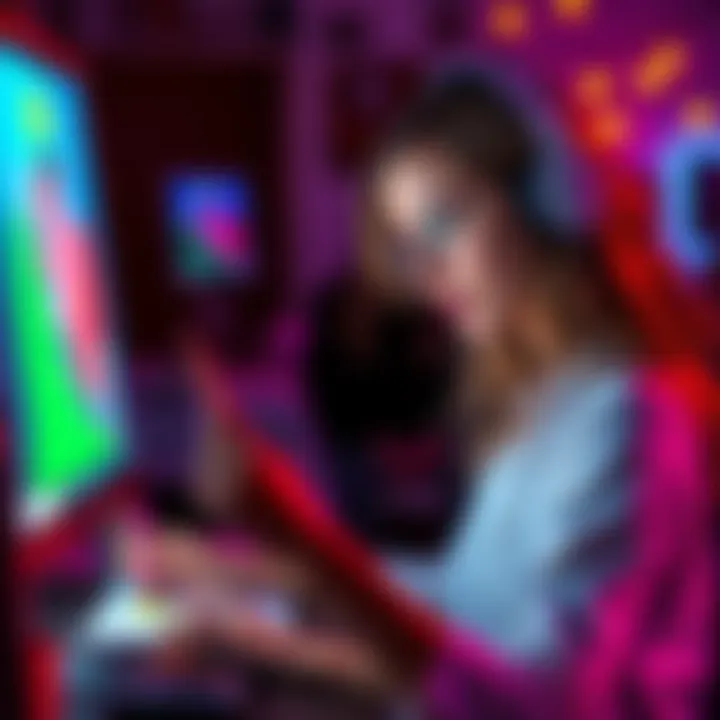 A female artist creating colorful art on MS Paint, with a digital canvas and drawing tools displayed, engaging with an online audience.