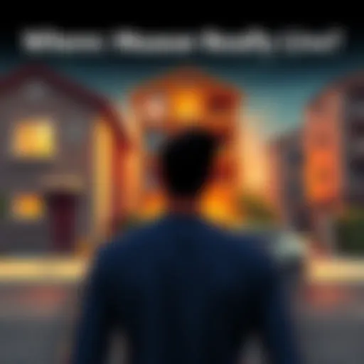 A person contemplating between a house, an apartment, and a parked car, representing different living choices.