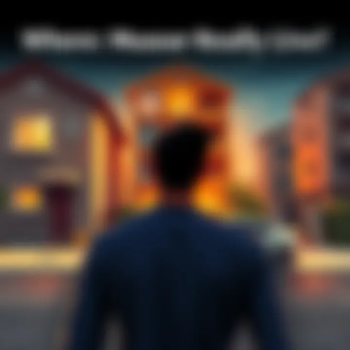 A person contemplating between a house, an apartment, and a parked car, representing different living choices.