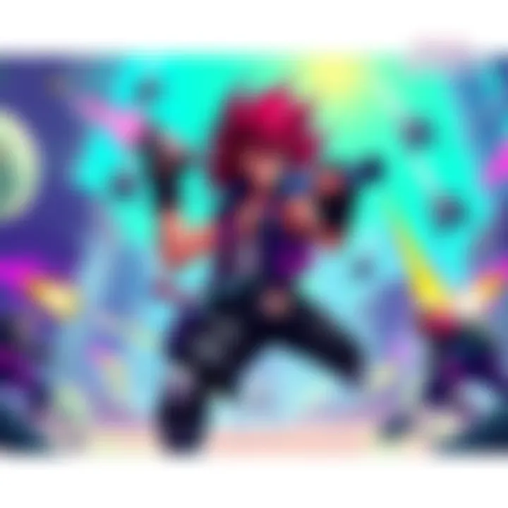 Illustration shows a character with a mullet hairstyle wielding futuristic weapons in a vibrant arena setting with various obstacles and enemies.