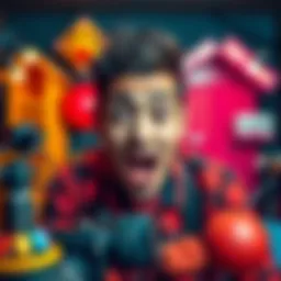 Mulpan making a silly face while filming a video, surrounded by colorful props related to his challenges