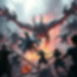 An intense scene showing multiple bosses confronting players in a fantasy game environment, highlighting the chaos and excitement of the battle.