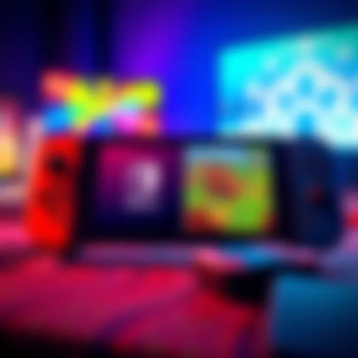 Multi-Platform Games on Nintendo Switch A Nintendo Switch displaying Persona 5 Royal and Stardew Valley on screen, with a colorful gaming setup around it.