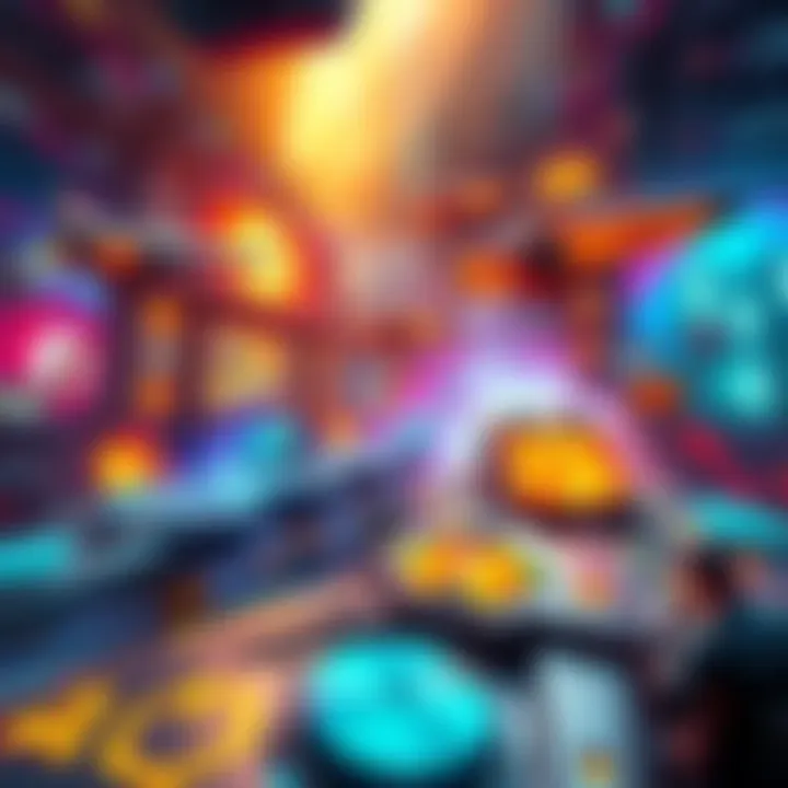 A vibrant scene showing customizable ships and bases in a multiplayer game environment, filled with colorful graphics and player interactions