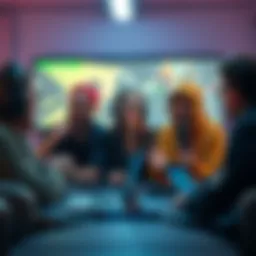 A group of gamers expressing different opinions about toxicity in multiplayer games, with a gaming setup visible in the background.