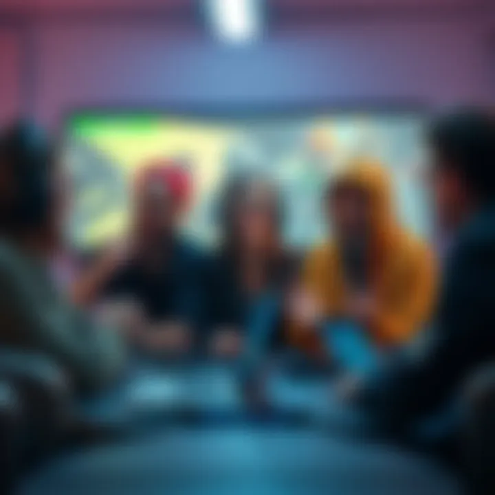 A group of gamers expressing different opinions about toxicity in multiplayer games, with a gaming setup visible in the background.