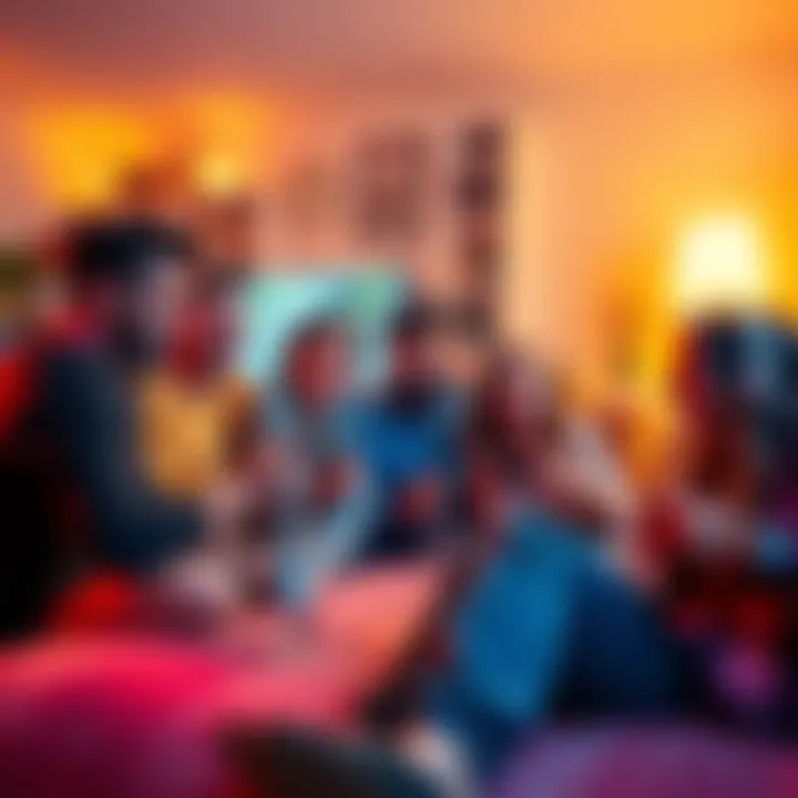 A group of friends enjoying multiplayer games together in a living room, smiling and having fun