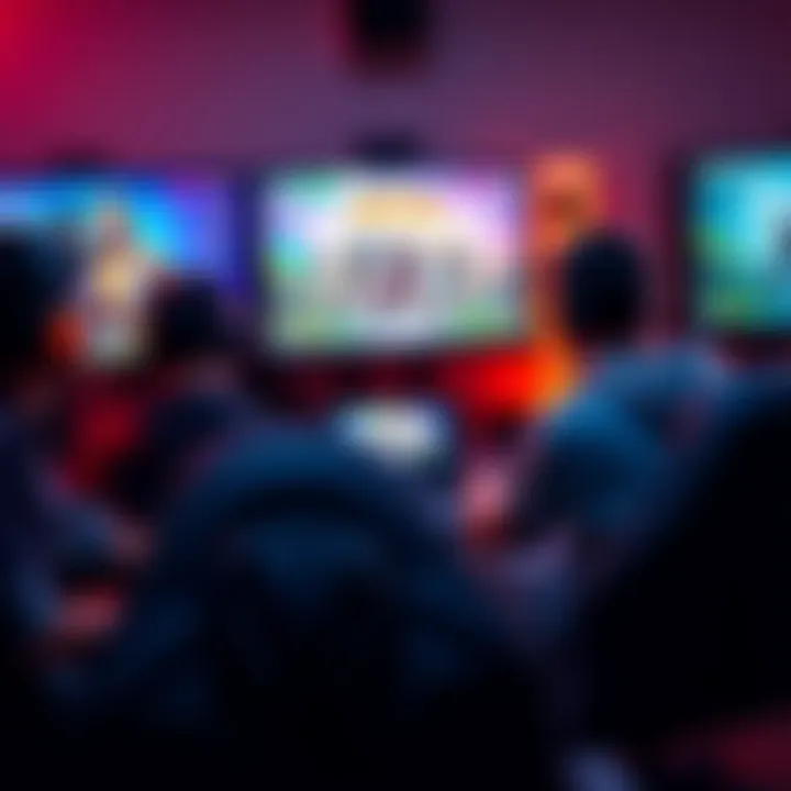 Group of gamers playing a multiplayer game together, focused on screens displaying characters and leaderboards, showcasing teamwork and progression.