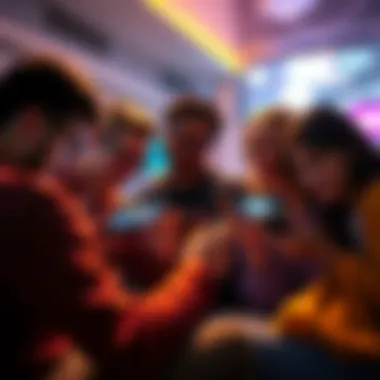 Group of friends playing free multiplayer mobile games on their phones, showcasing different genres like horror and survival.