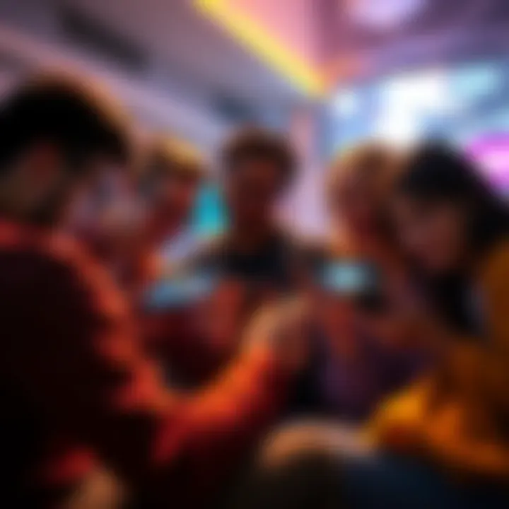 Group of friends playing free multiplayer mobile games on their phones, showcasing different genres like horror and survival.