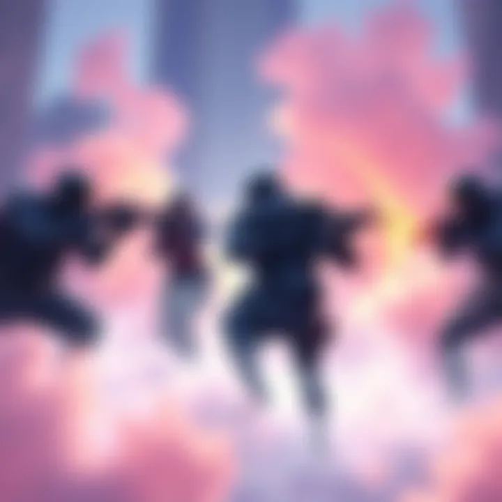 A character using an invisibility ability in a multiplayer shooter game, surrounded by teammates strategizing.